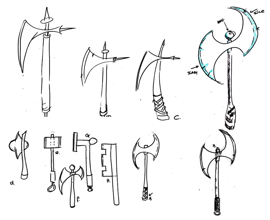 Thumbnail sketches of battle axes